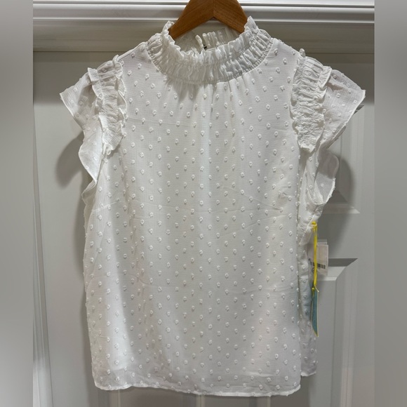 CeCe Clip Dot Ruffle Mock Neck Crepe Top in New Ivory Size M NWT - Picture 4 of 12